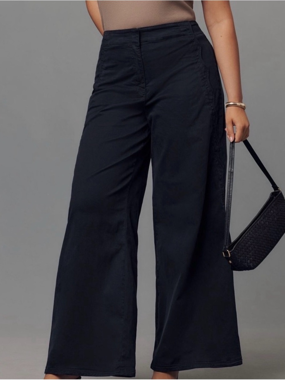 Maeve Black Scalloped Wide-Leg High-Rise Pants